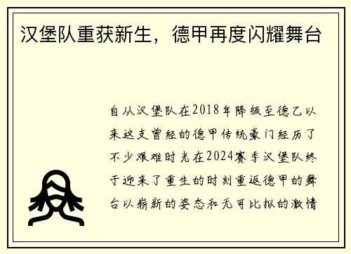 汉堡队重获新生，德甲再度闪耀舞台